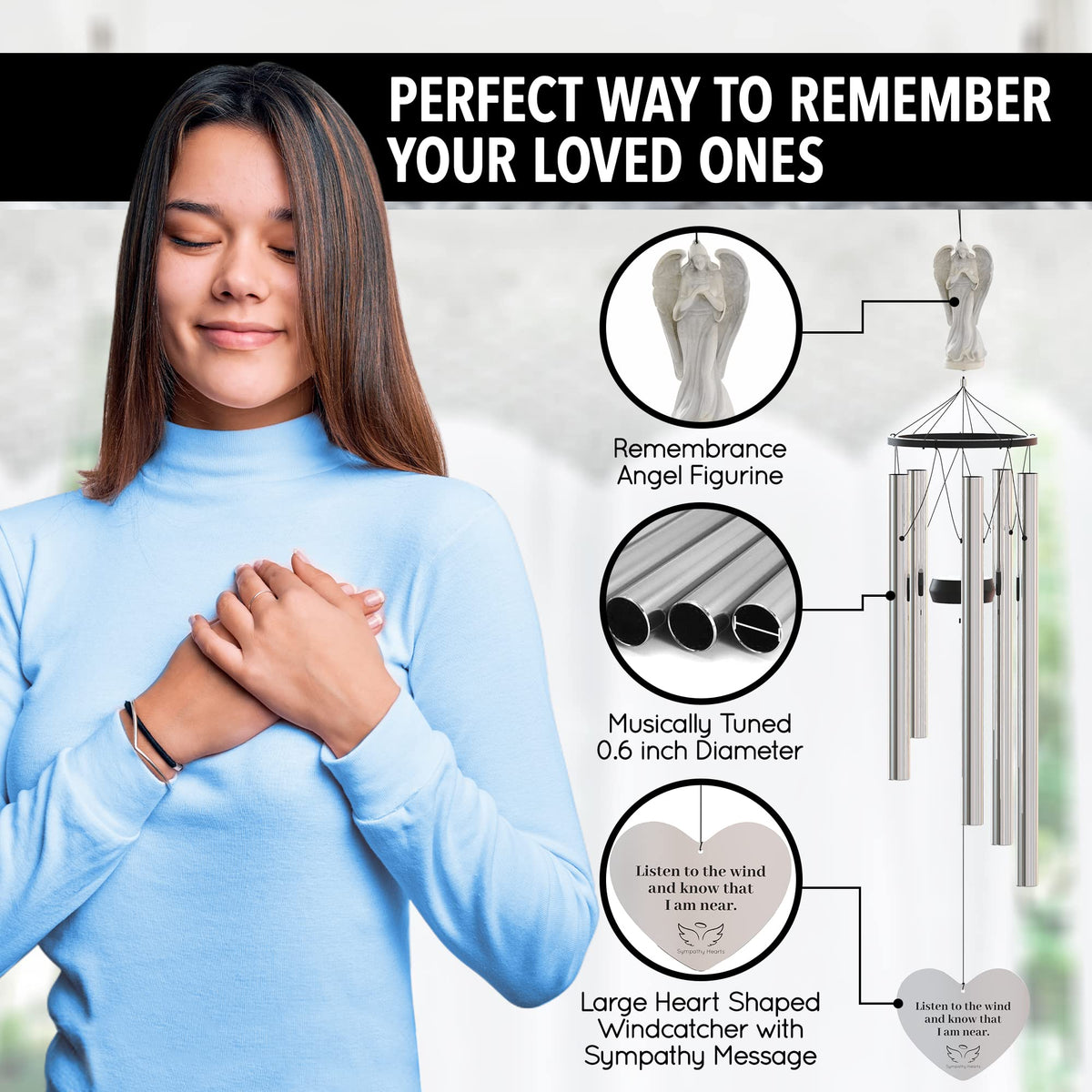 SYMPATHY HEARTS weather-resistant metal chimes for enduring outdoor use.