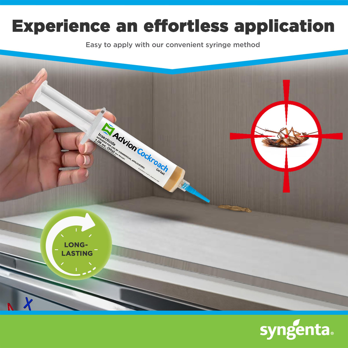 Syngenta Advion’s bait matrix lures roaches to feed for rapid transfer.