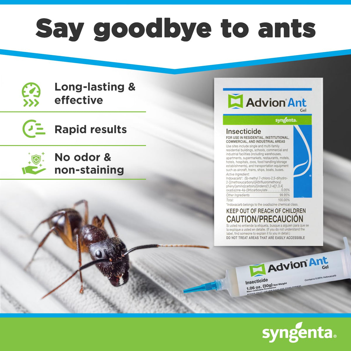 Syngenta Advion Singular Tube ant gel closeup formulation highlights attractive, fast-working bait.