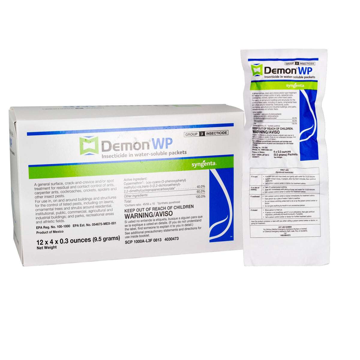 Syngenta Demon WP packets dissolving in water for a ready-to-use pest control solution.
