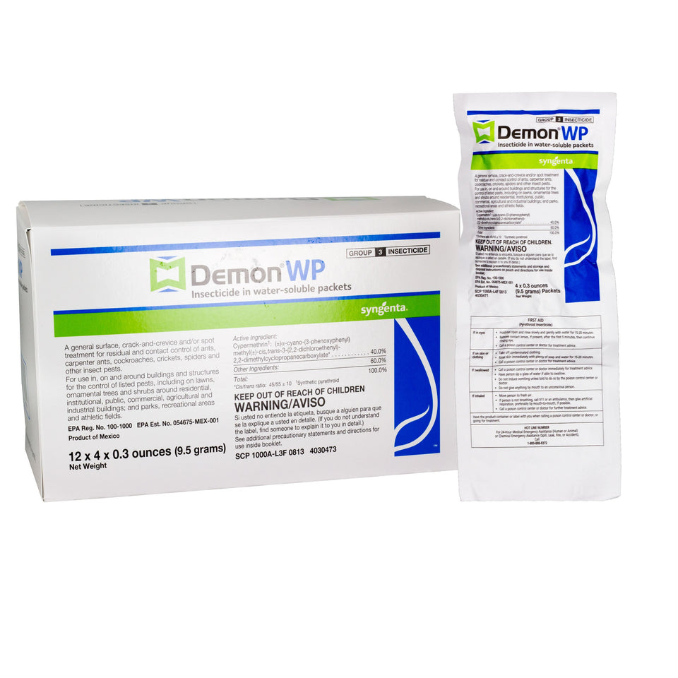 Syngenta Demon WP packets dissolving in water for a ready-to-use pest control solution.
