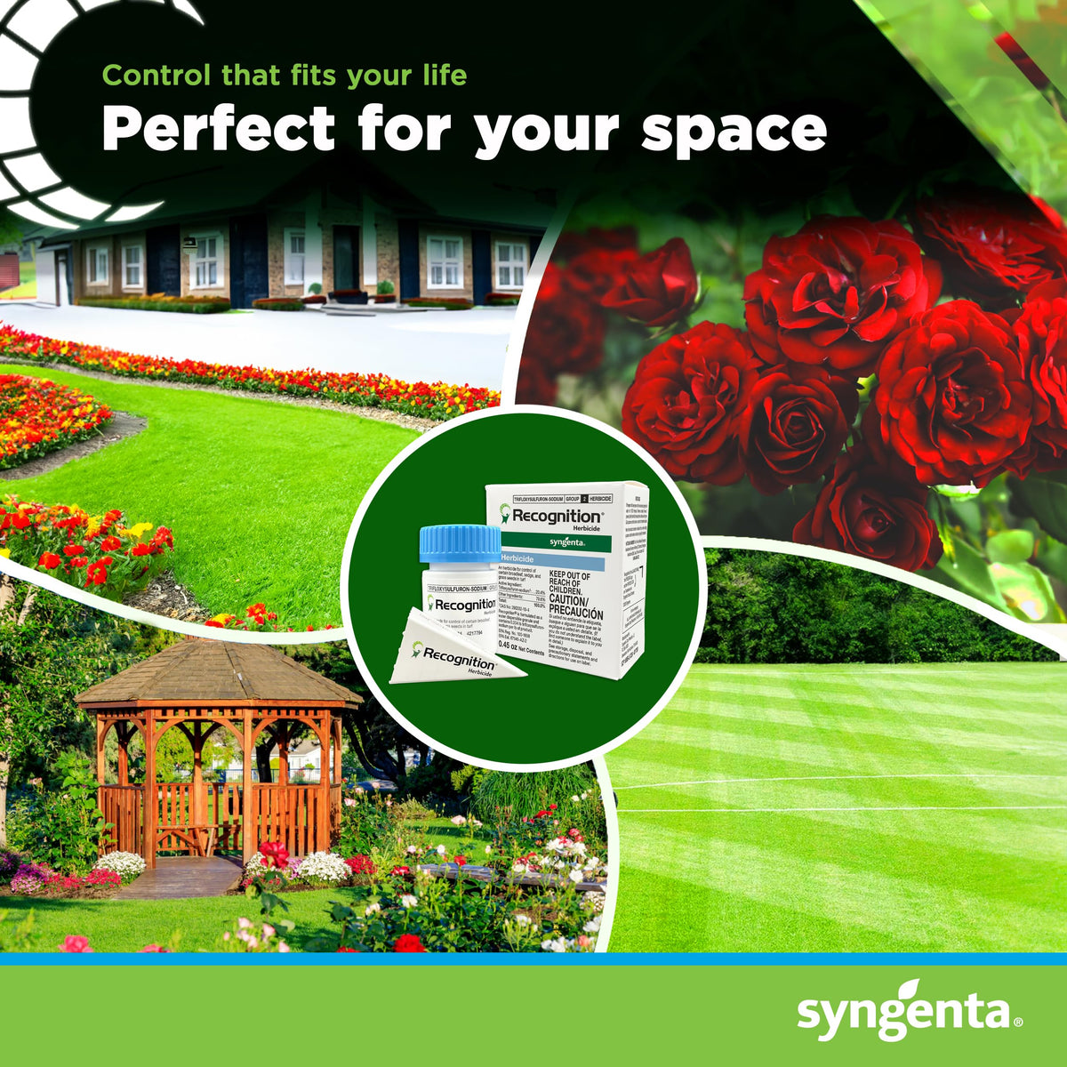 Syngenta Recognition bottle illustrating turf-safe weed control application