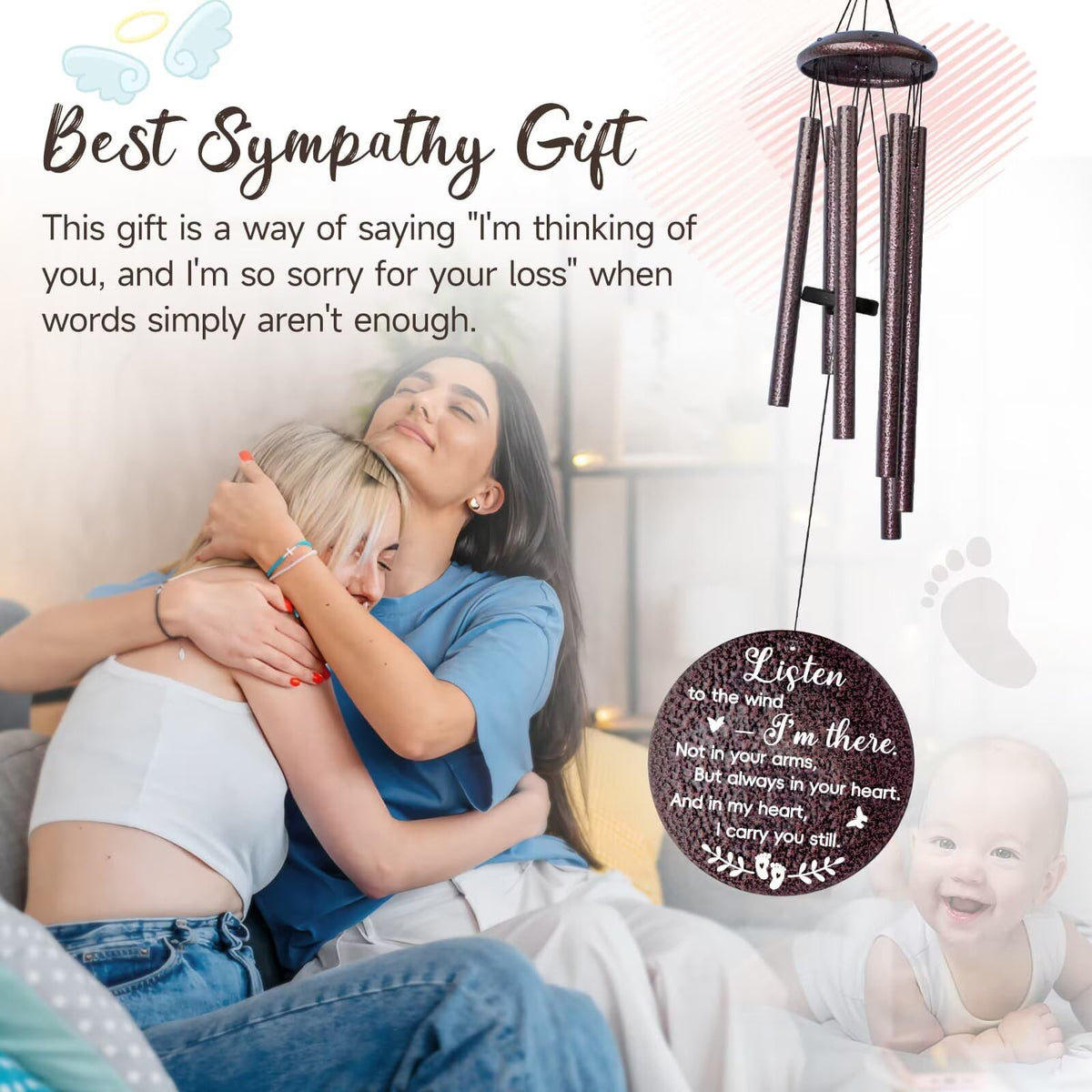 Synhonty exquisite memory tribute card accompanies wind chimes for heartfelt condolences.