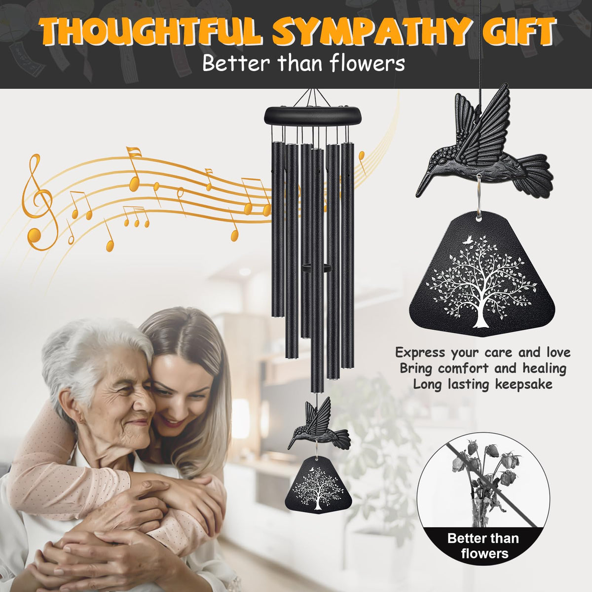 Synhonty Memorial Wind Chimes include a card for heartfelt condolences.