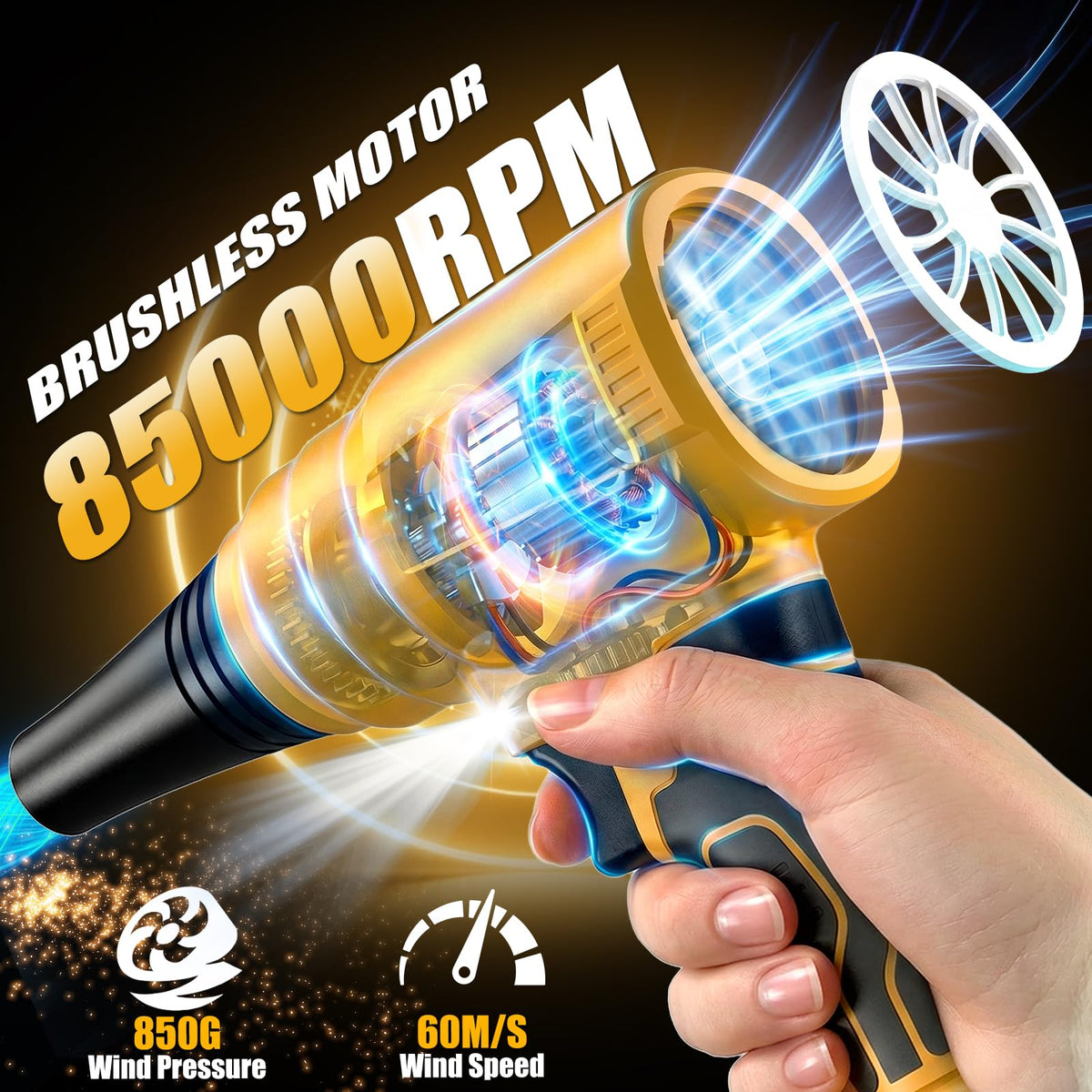Synxiter brushless motor leaf blower in action delivering strong airflow.