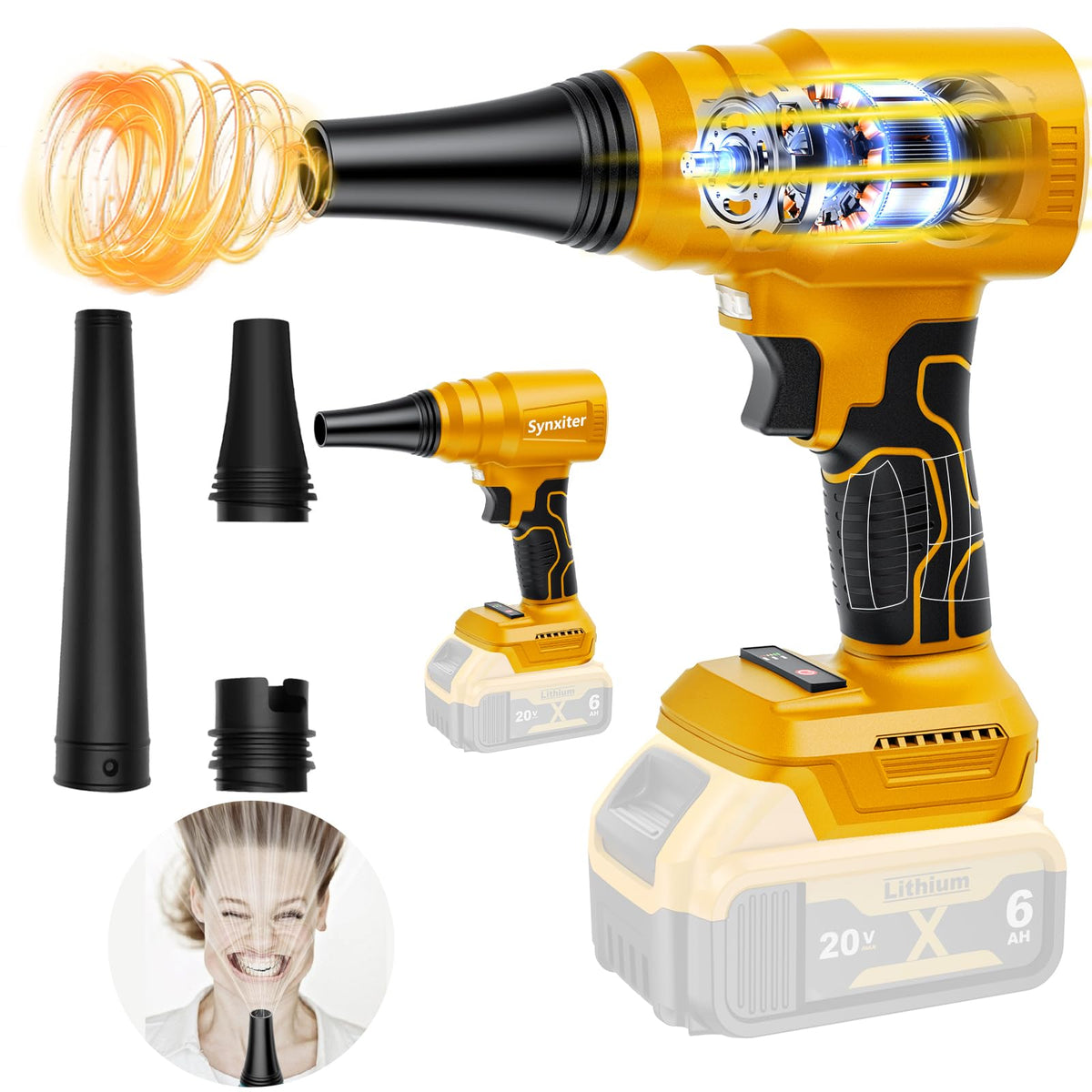 Synxiter electric cordless leaf blower with nozzle attachments for precision cleaning.