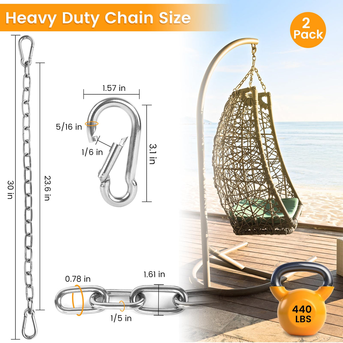 Syocsek stainless steel swing chain with five sixteenth inch clasps provides durable outdoor use.