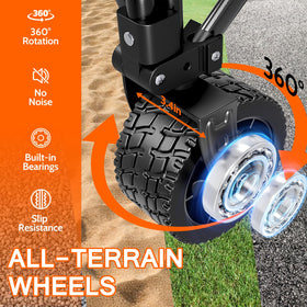 SYOCYO wagon with all-terrain wheels rolls smoothly on sand and grass.