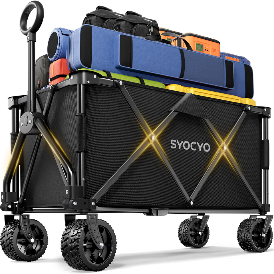 SYOCYO wagon foldable with 420lbs capacity, ideal for camping gear transport.