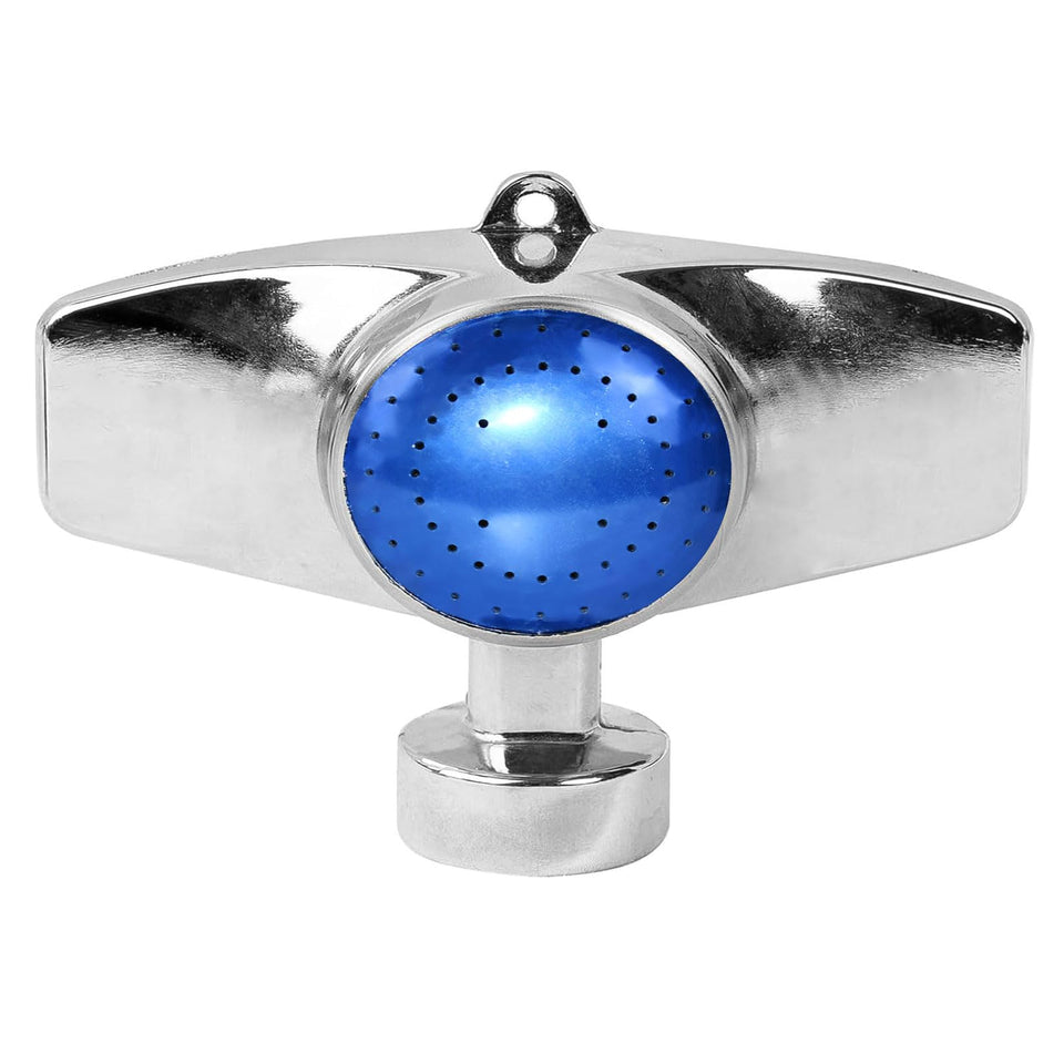 SYOOY 360-degree metal spot sprinkler close-up in blue, durable head for even watering