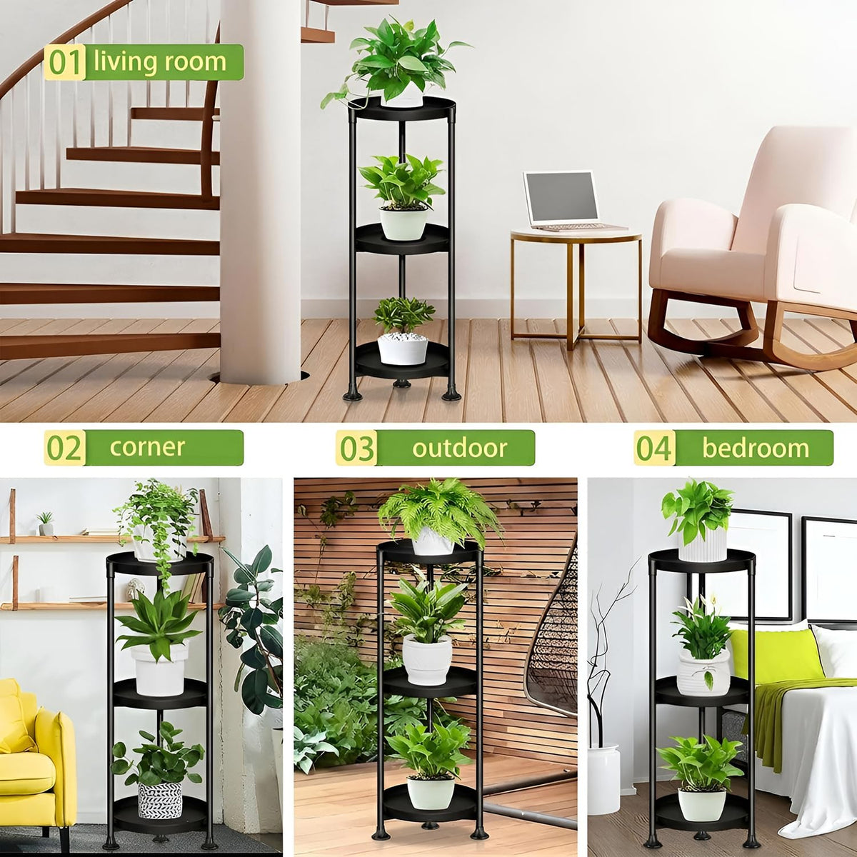 SYQ 3-tier plant stand tray detail highlights large trays for bigger pots