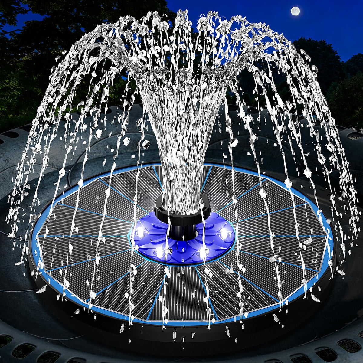 SZMP 3.5W glass-panel solar fountain in blue with stable daytime spray for ponds.