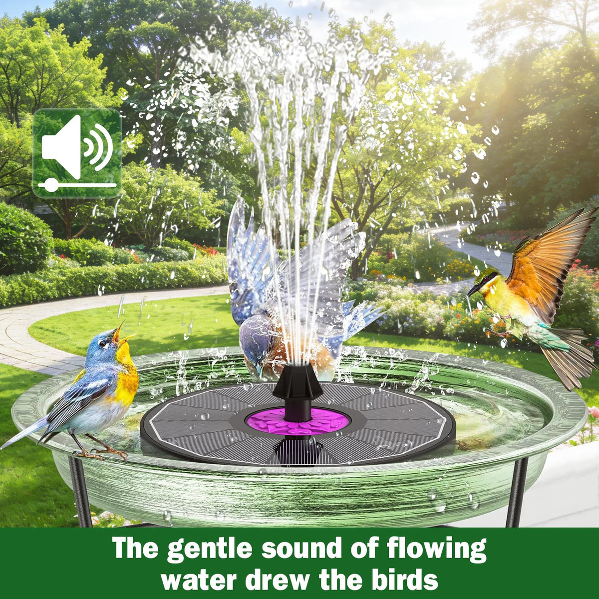SZMP garden bird bath fountain in use, delivering lively water spouts and calming garden ambiance.