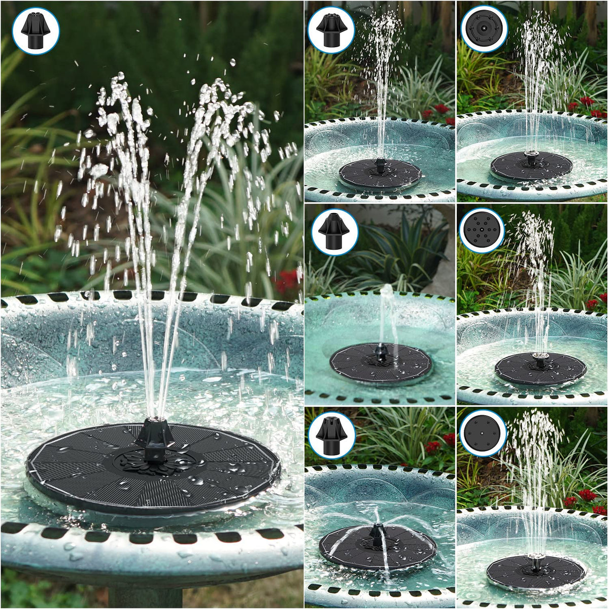 SZMP solar bird bath fountain with seven nozzles for varied water patterns.