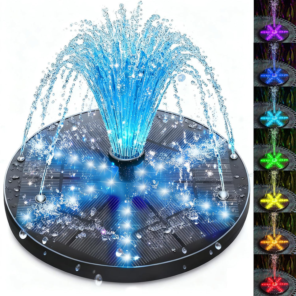 SZMP Solar Fountain with 30 LED star lights illuminates a bird bath at night.
