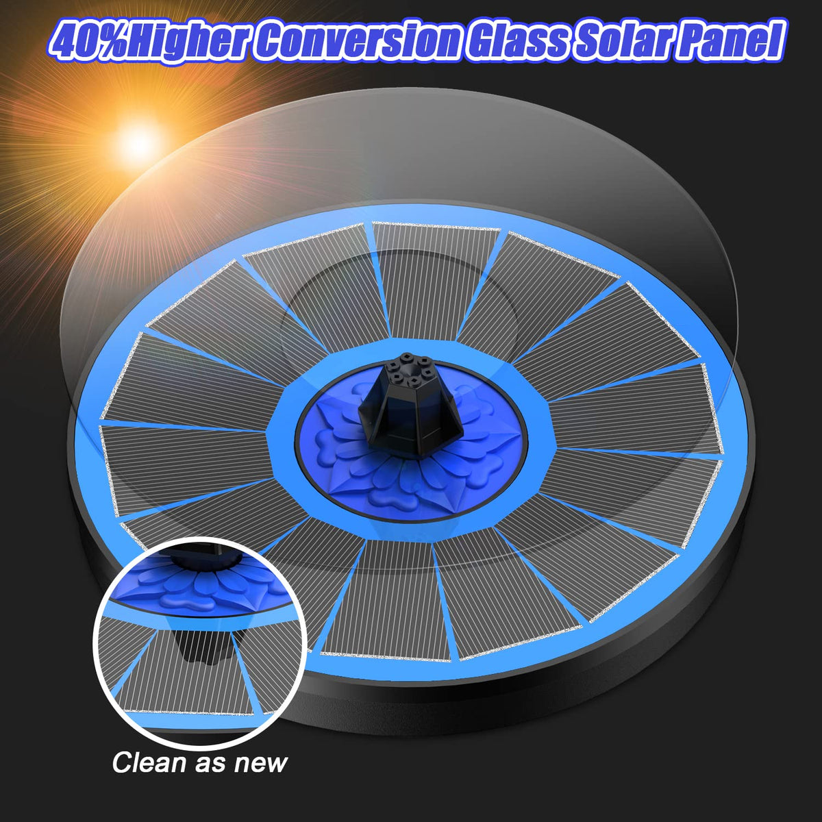 SZMP solar fountain with 7-in-1 nozzles offering versatile spray patterns.