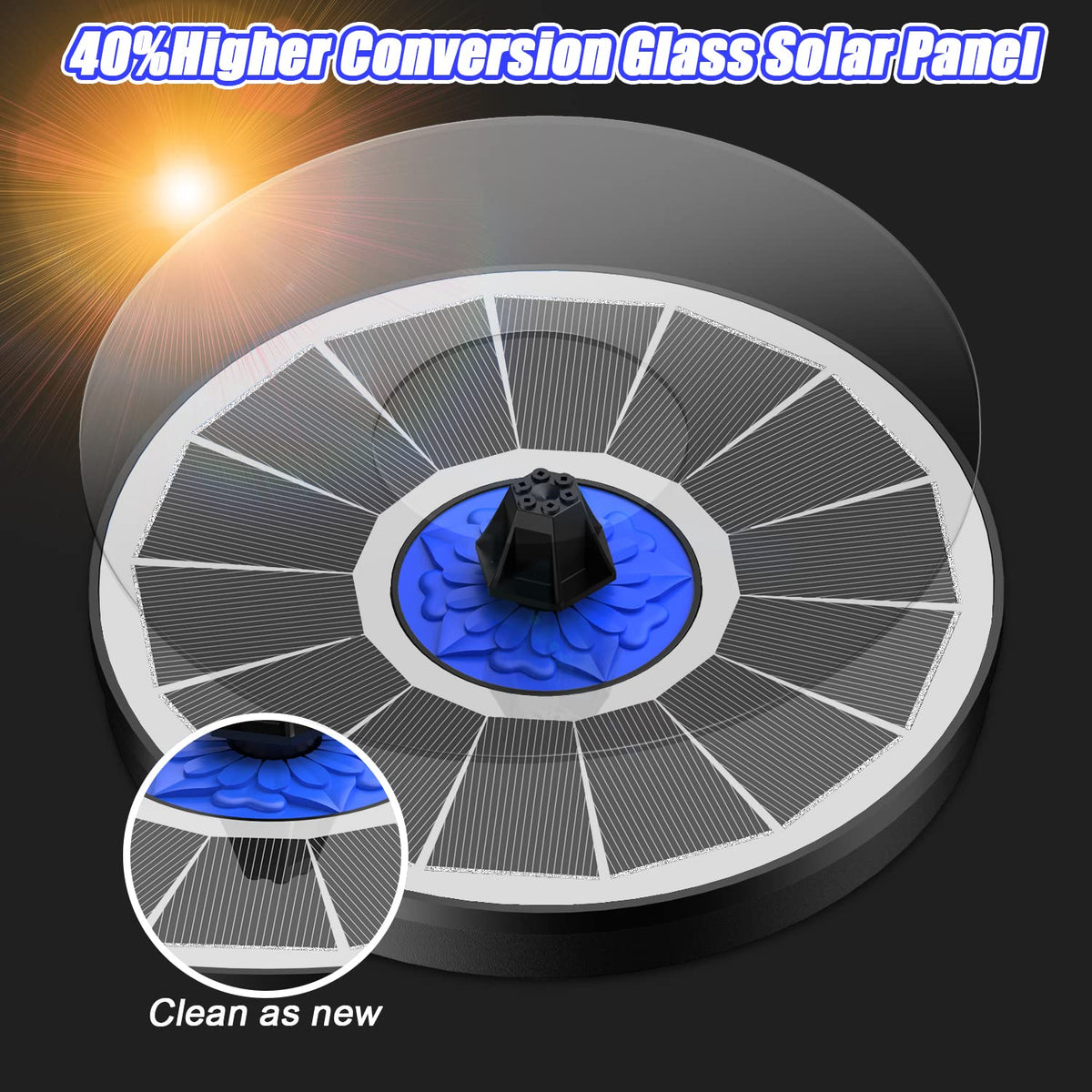 SZMP solar fountain with 7-in-1 nozzles showing diverse spray options for ambiance.
