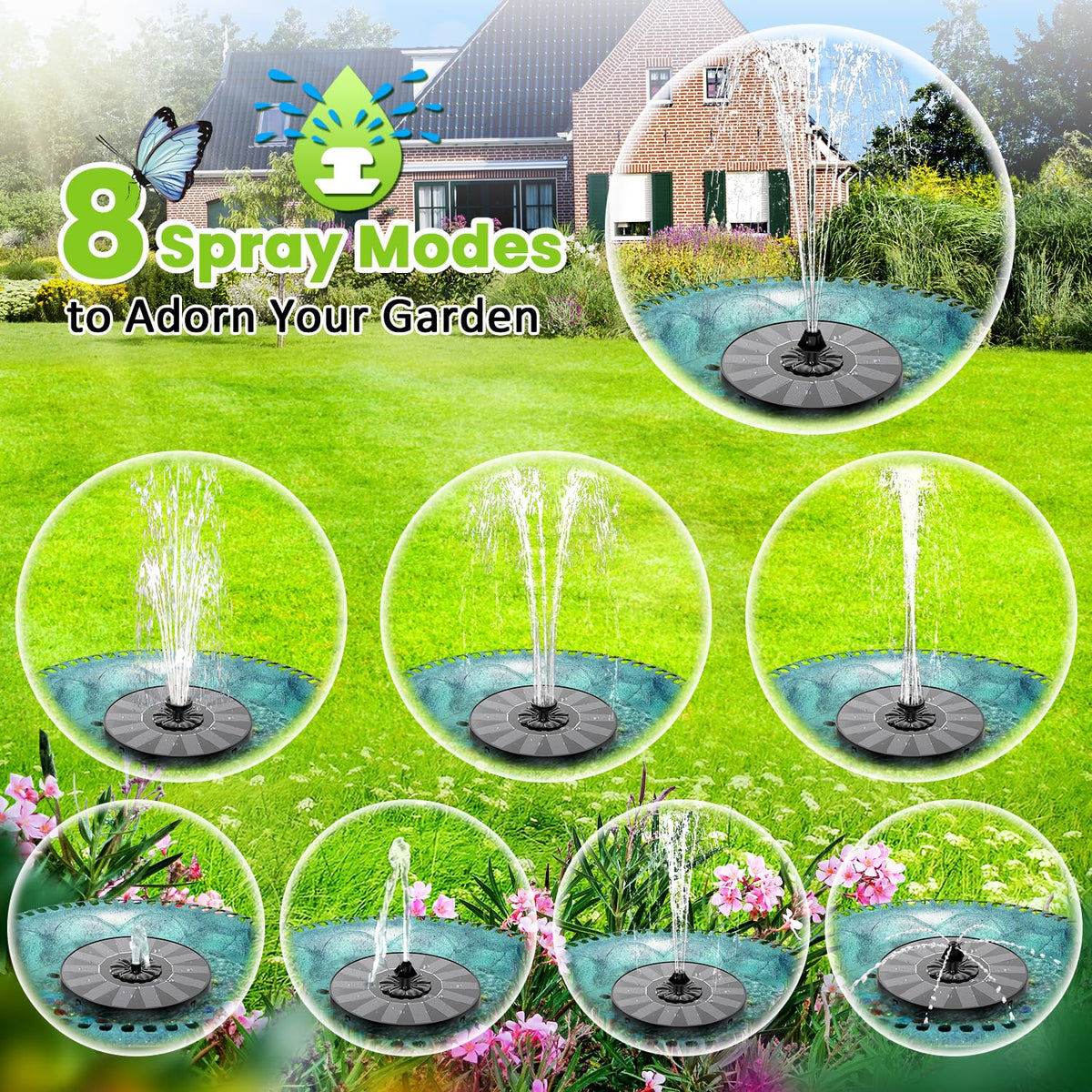 SZMP solar fountain 7-nozzle system displaying versatile spray patterns for customization.