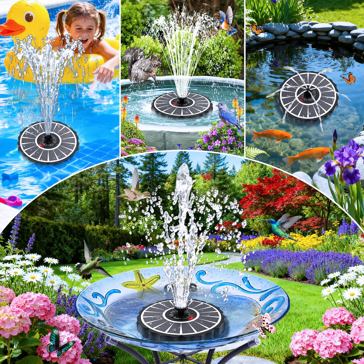 SZMP All-in-one solar fountain kit includes everything needed for setup without wiring.