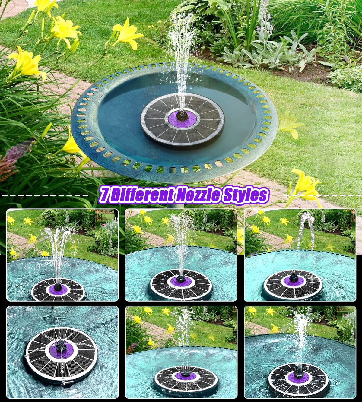 SZMP solar fountain in outdoor setting, attracts birds while watering the garden
