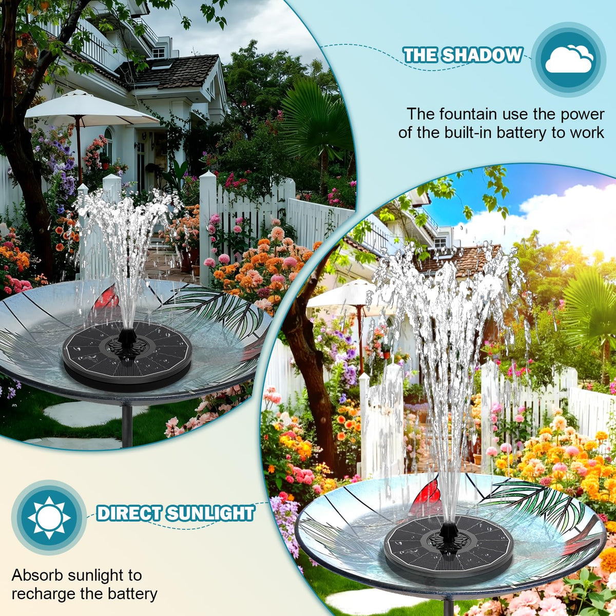 SZMP solar fountain battery pack enabling continuous flow on cloudy days
