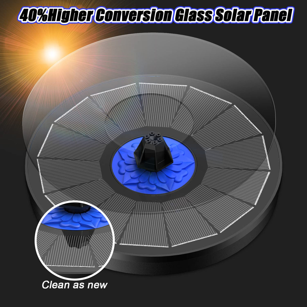 SZMP solar fountain ready to refresh a sunny bird bath in the yard.
