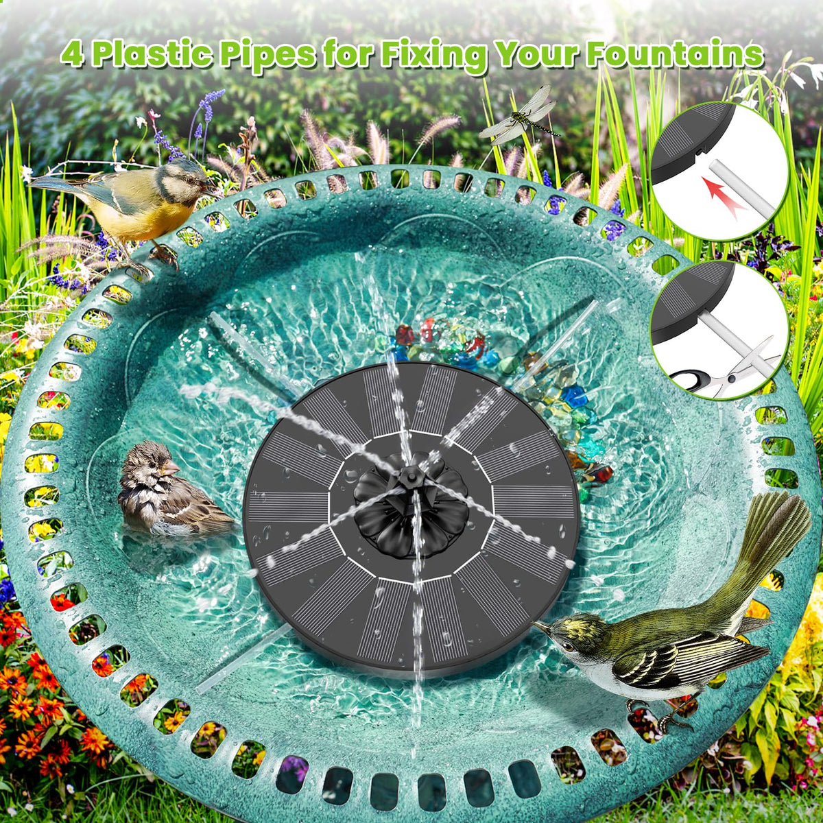 SZMP solar fountain birdbath inviting wildlife and hummingbirds.
