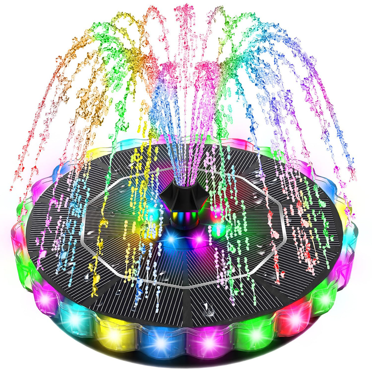 SZMP solar fountain for birdbath showing center-edge light for evening ambience