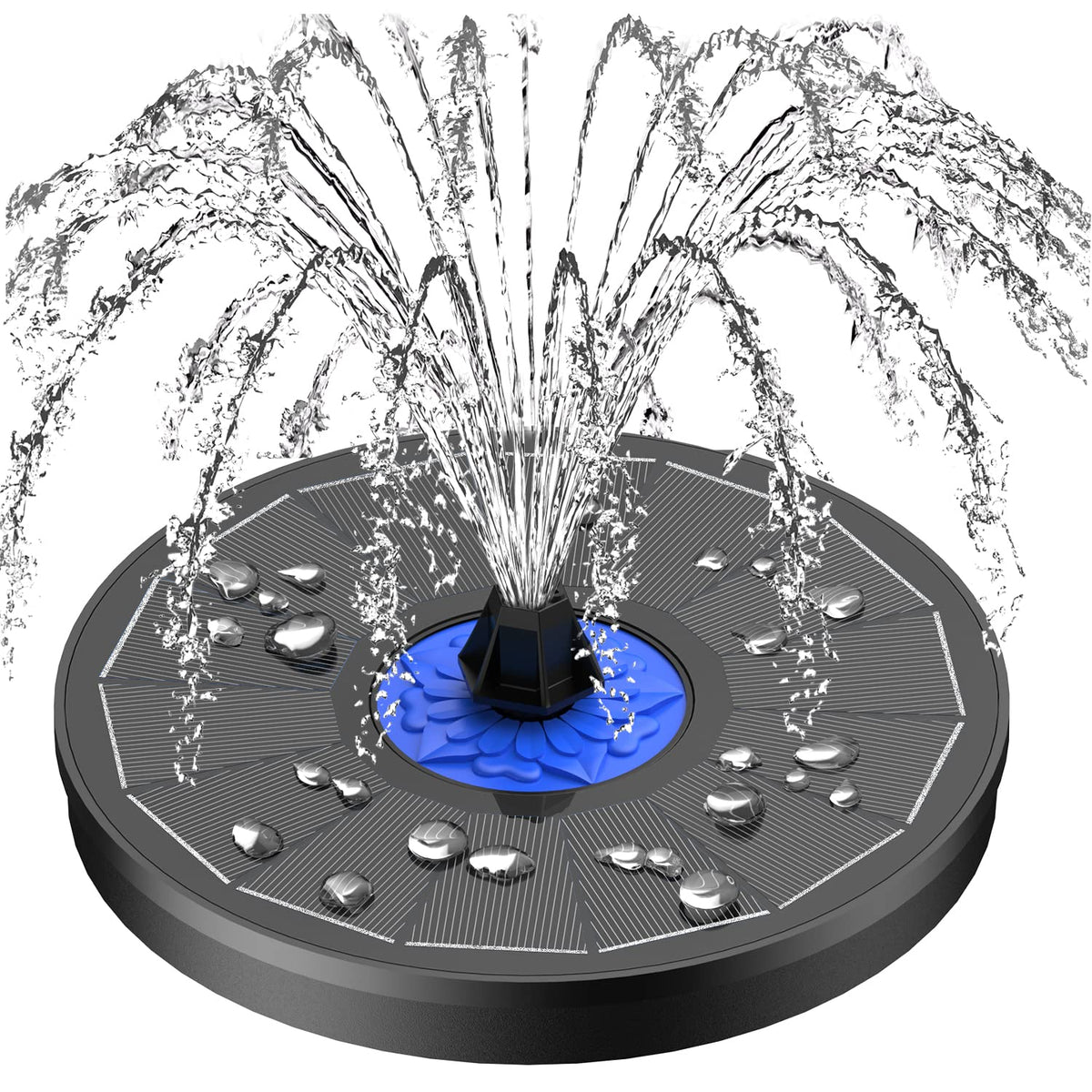 SZMP solar fountain shows a flower nozzle creating a delicate garden spray for birds.