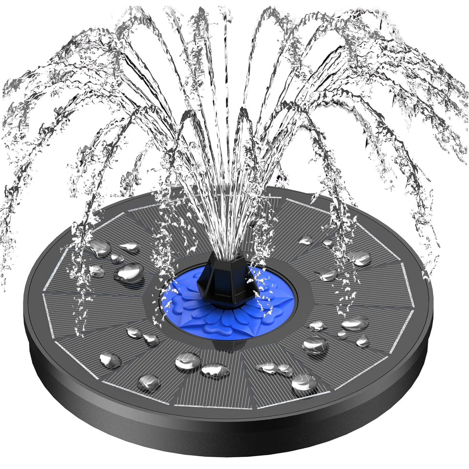 SZMP solar fountain shows a flower nozzle creating a delicate garden spray for birds.
