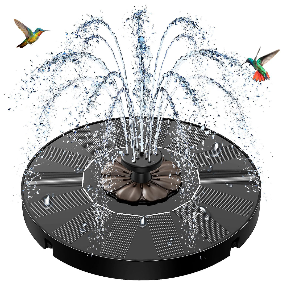 SZMP solar fountain with four fixed rods for stable garden display.