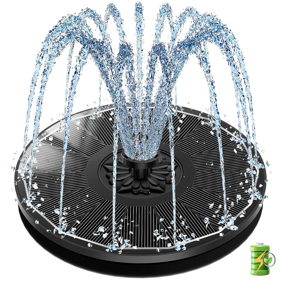 SZMP solar fountain with glass panel powering a steady spray in a bird bath