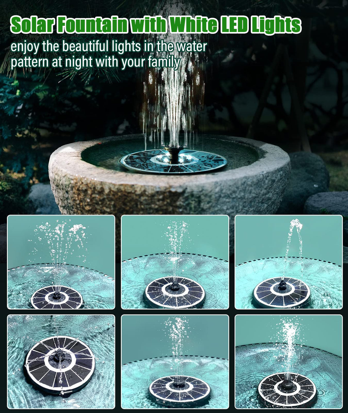 SZMP Solar Fountain LED night light illuminating the garden water spray.
