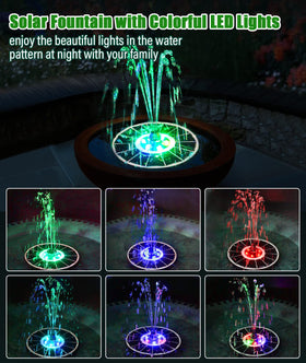 SZMP Solar Fountain shows RGB LED lighting enhancing nighttime garden displays.