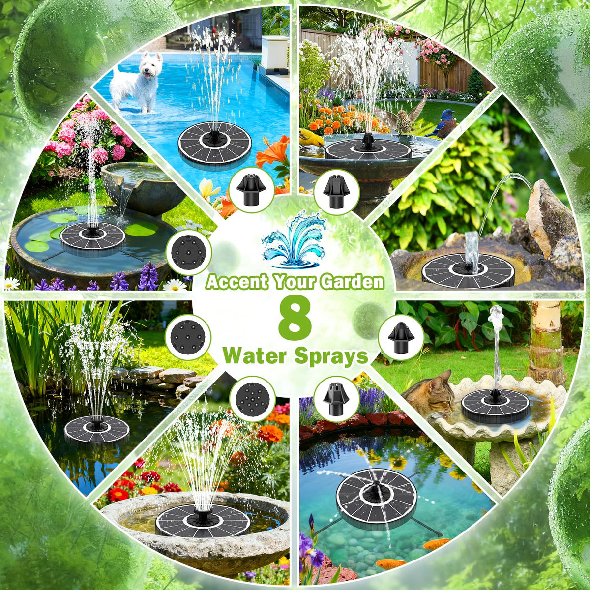 SZMP Solar Fountain with 7 nozzles offers versatile mist and jet options