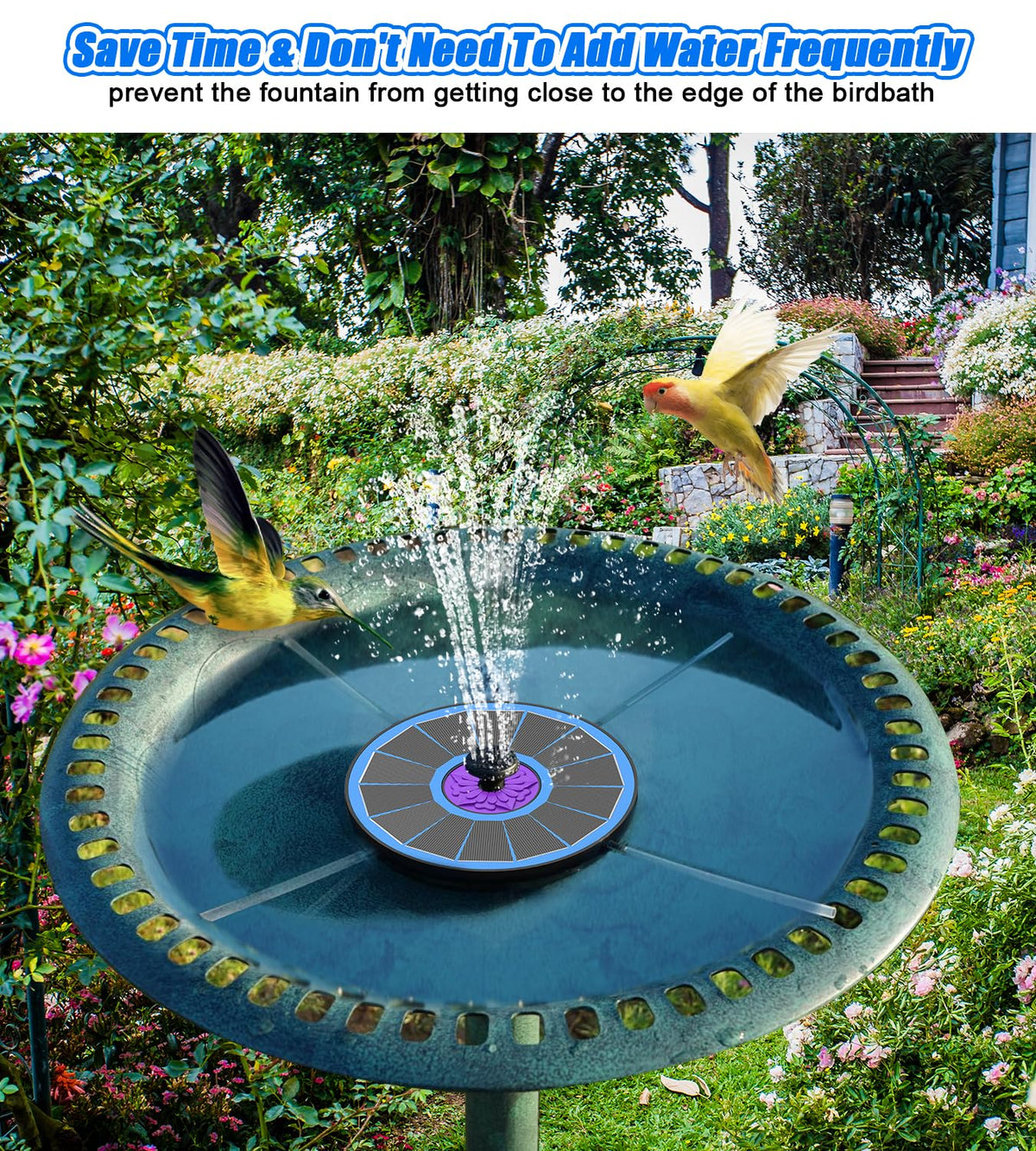 SZMP Solar Fountain purple flower center adds decorative garden charm.