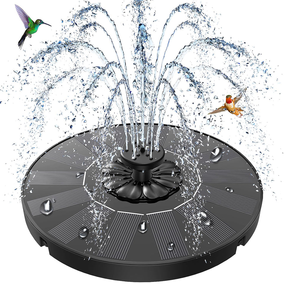 SZMP solar fountain setup in sunlight for effortless garden charm.