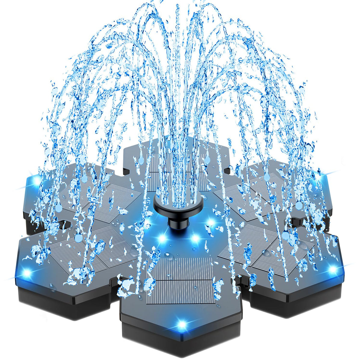SZMP Solar Fountain snowflake design glows with colorful LEDs for a magical night garden