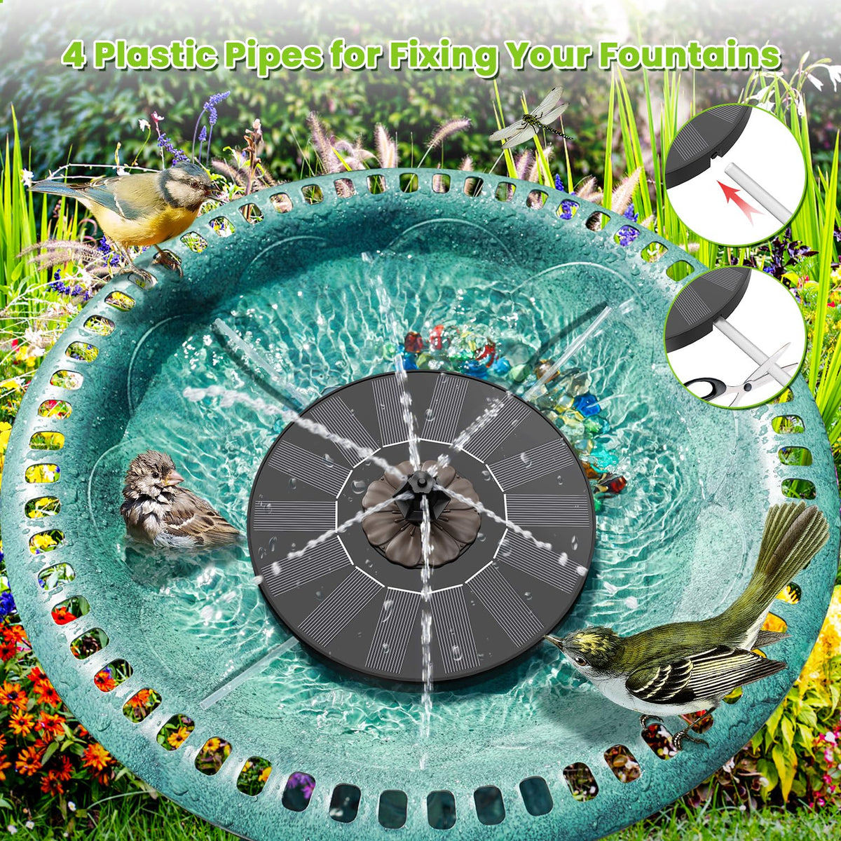 Stable four-rod base reduces splashing in outdoor ponds.