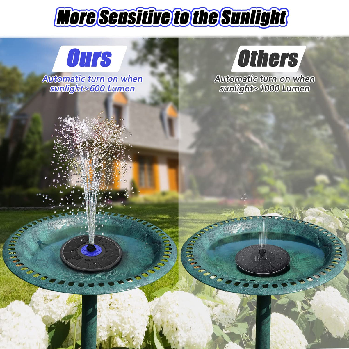 SZMP solar-powered fountain starts instantly in sunlit water.