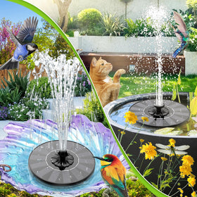 SZMP solar panel powered fountain runs cord-free in sun.