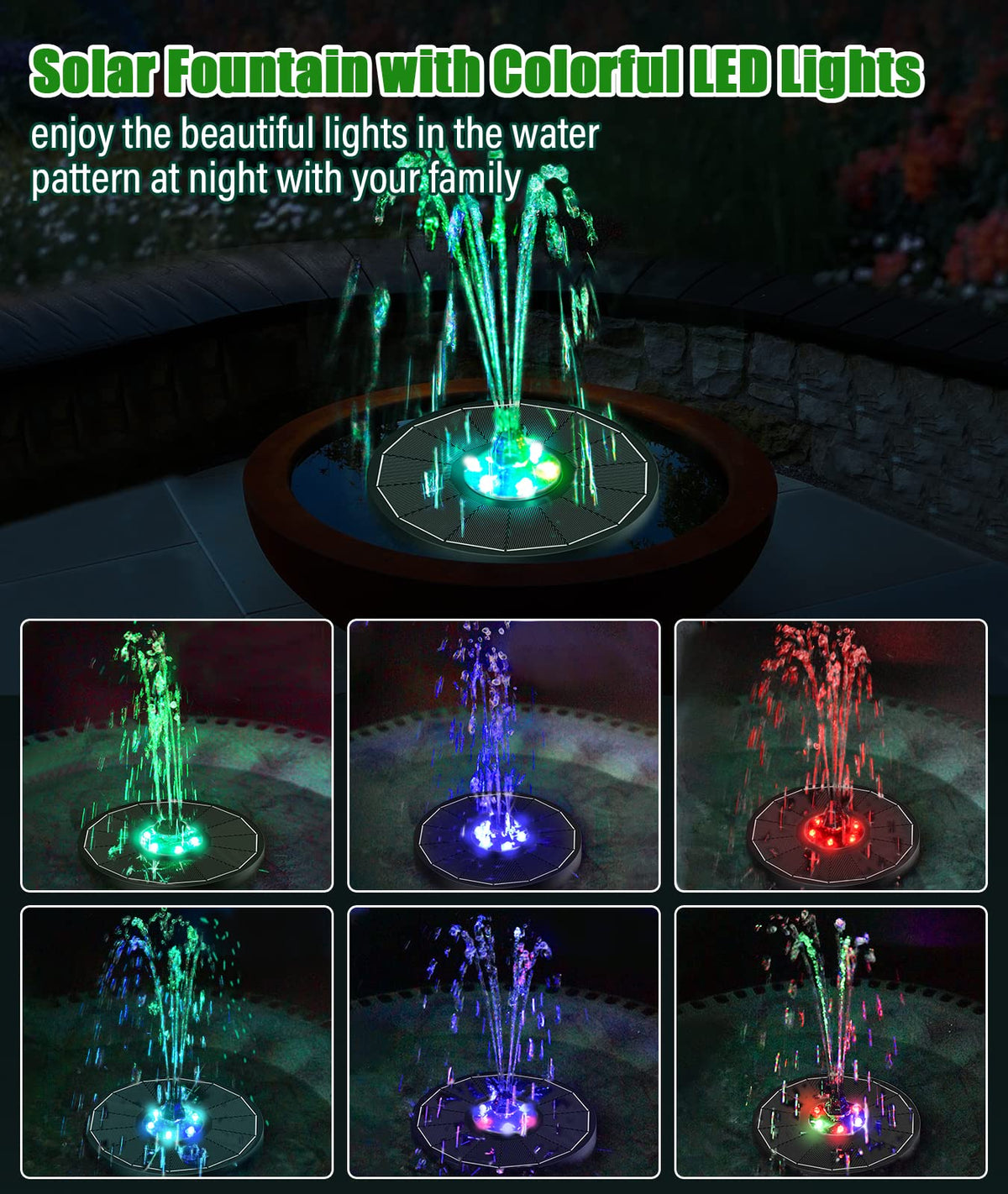 SZMP fountain with six LEDs glowing at night for enhanced garden ambiance