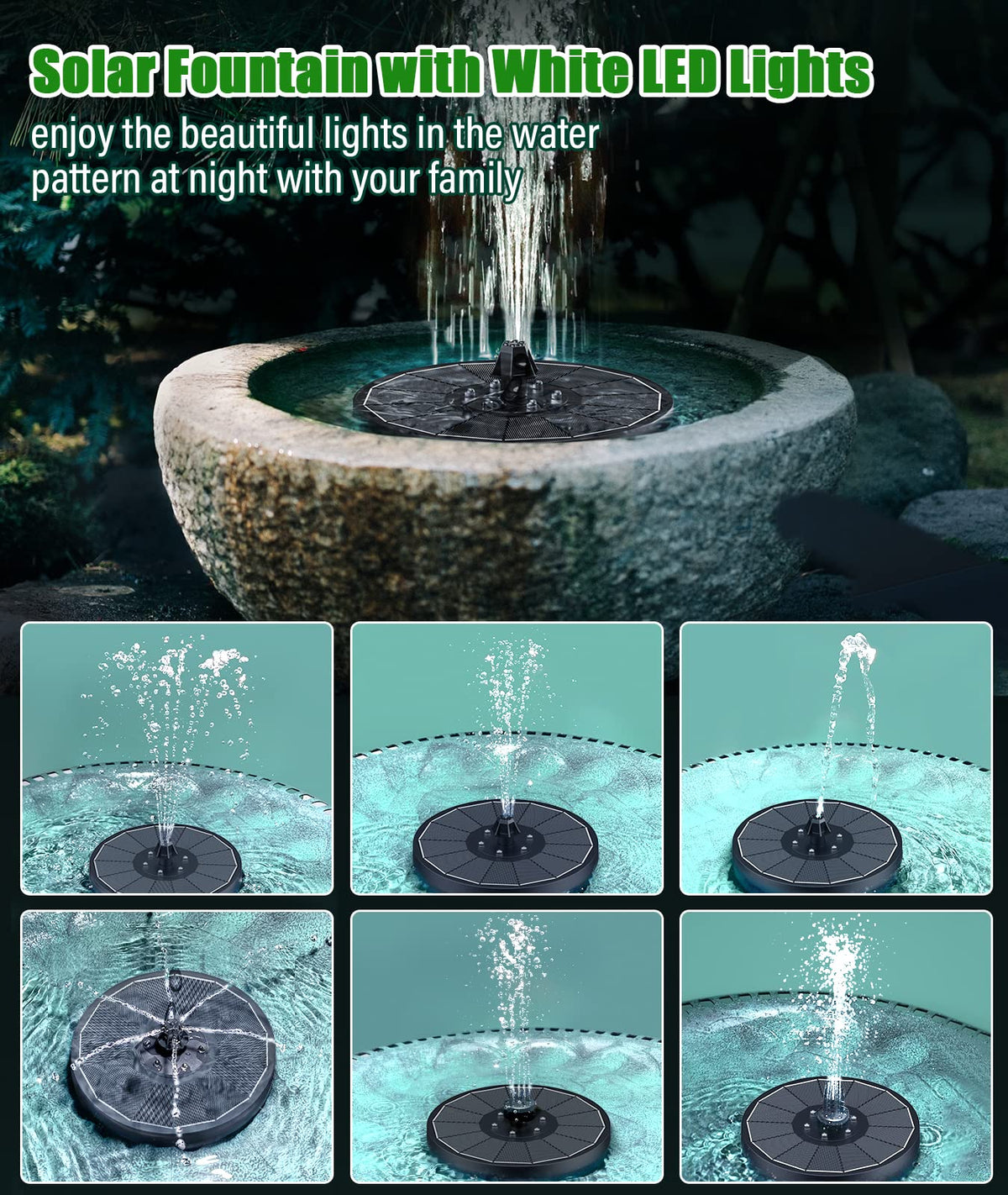 SZMP solar fountain LED night lights illuminate a garden pond beautifully.