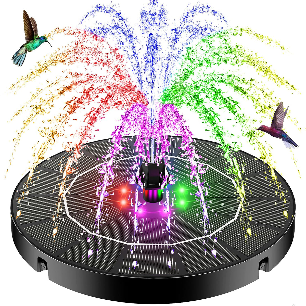 SZMP solar panel in sunlight powering a steady garden fountain spray