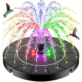 SZMP solar panel in sunlight powering a steady garden fountain spray