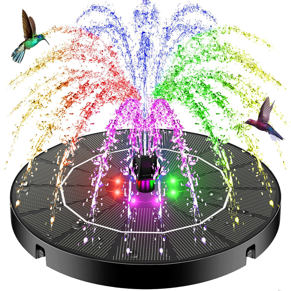 SZMP solar panel in sunlight powering a steady garden fountain spray