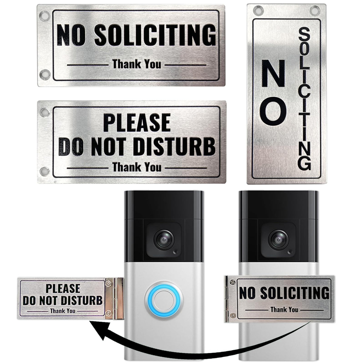 SZTGR doorbell cover on left installation; discreet, polite sign for visitors.
