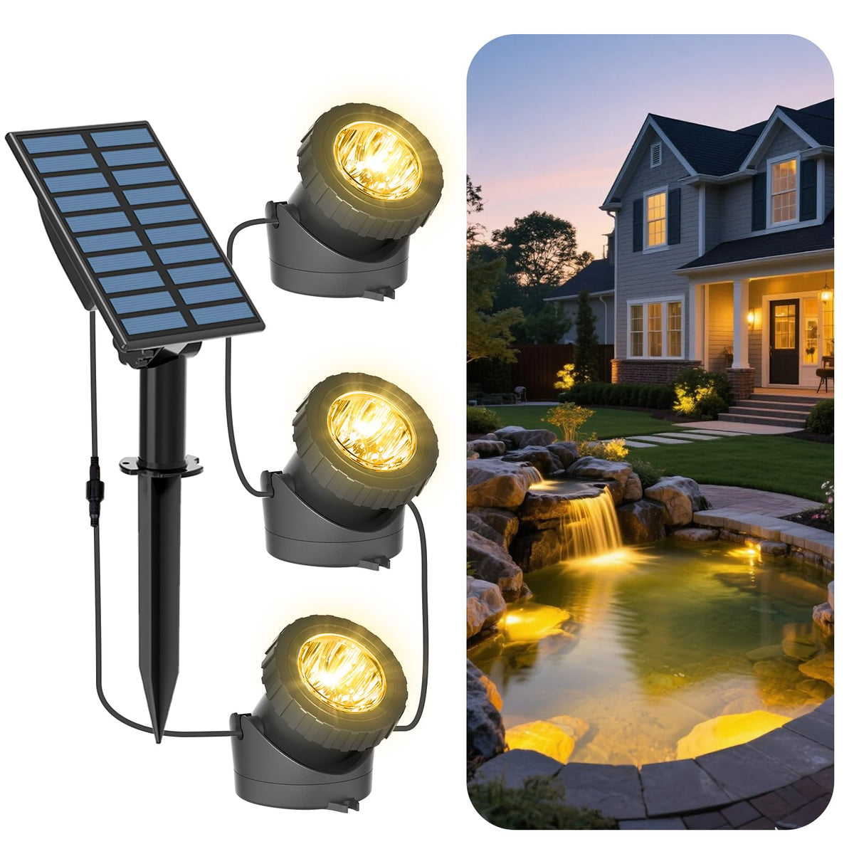 T-SUN 3-in-1 warm white pond lights illuminate water features vividly.