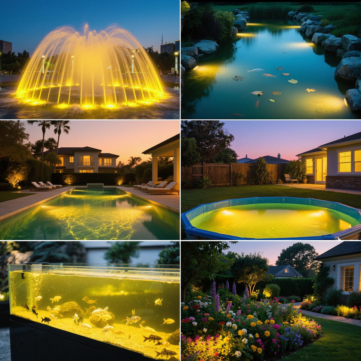 T-SUN underwater pond lights in ambient-bright mode create serene evenings.