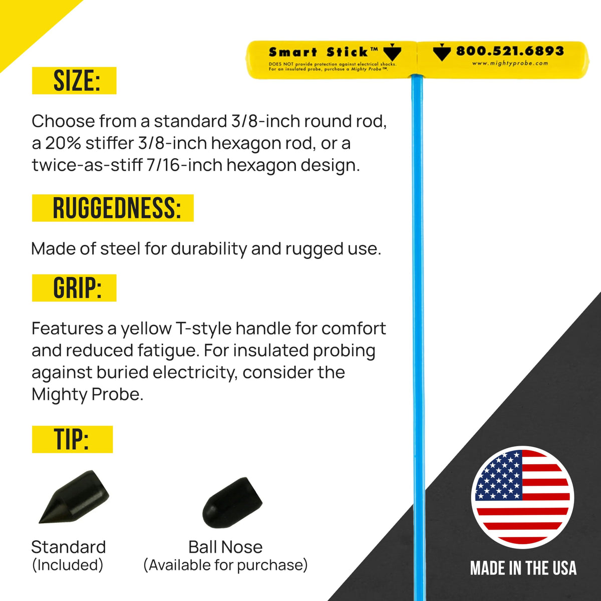 T&T Tools heavy-duty 3/8-inch steel rod resists bending when penetrating tough ground.